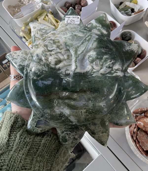 Moss Agate Sun Carving on Stand - Image 6