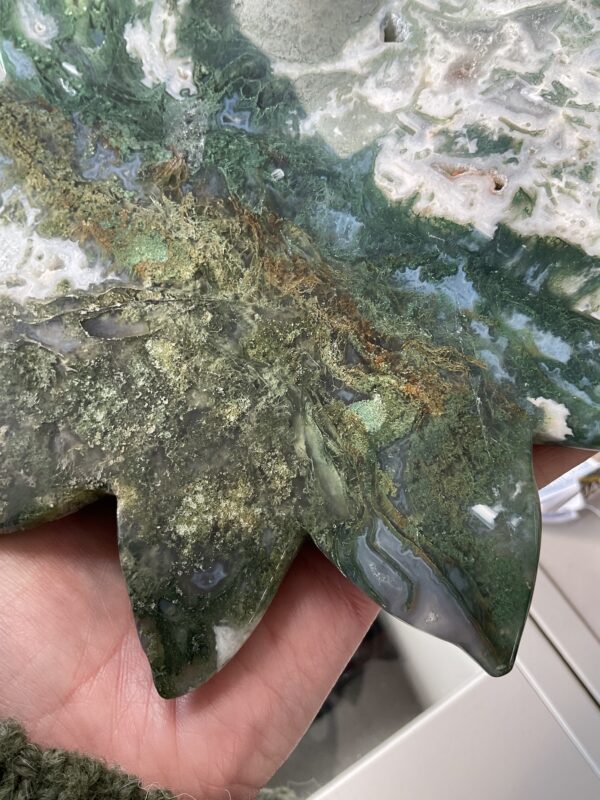 Moss Agate Sun Carving on Stand - Image 9