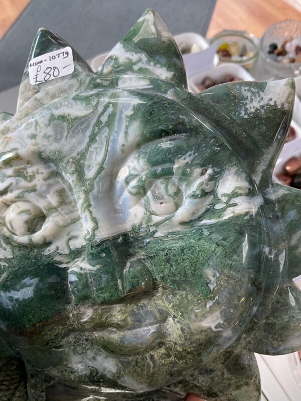 Moss Agate Sun Carving on Stand - Image 11