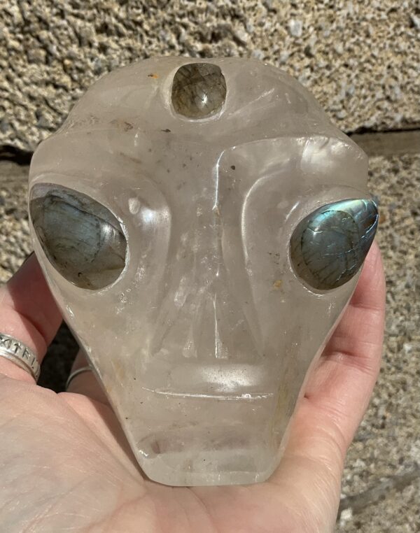 Clear Quartz Alien Head with Labradorite Eyes Carving - Image 2