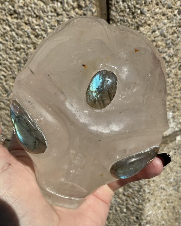 Clear Quartz Alien Head with Labradorite Eyes Carving - Image 3