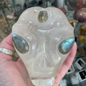 Clear Quartz Alien Head with Labradorite Eyes Carving