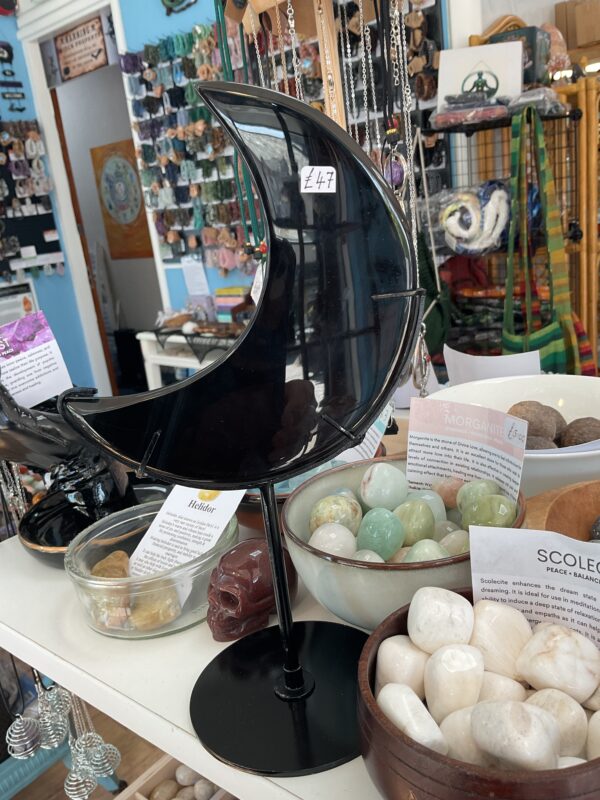 Midnight Lace Obsidian Crescent Moon on Stand