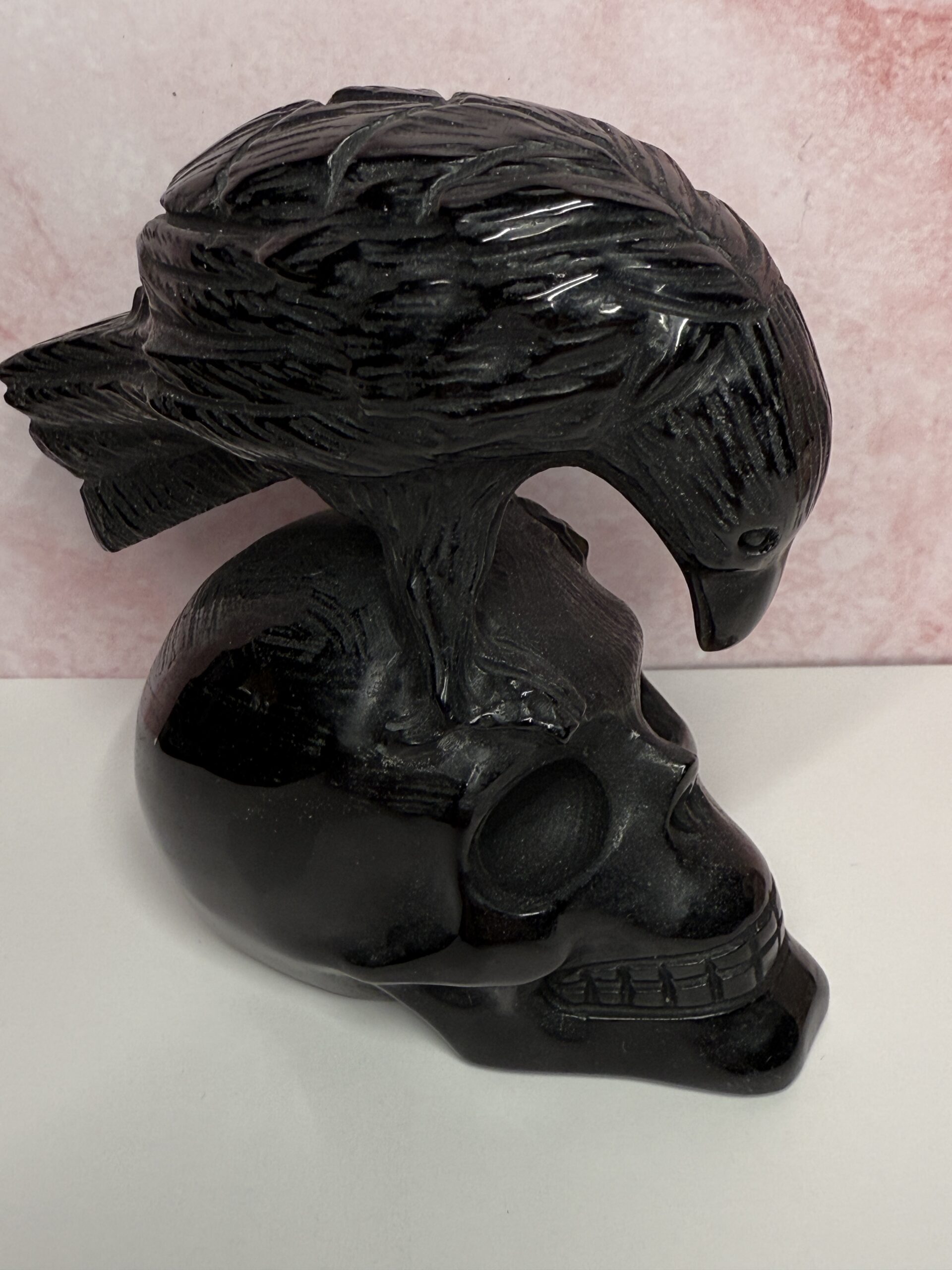 Black Obsidian Crow on Skull Carving