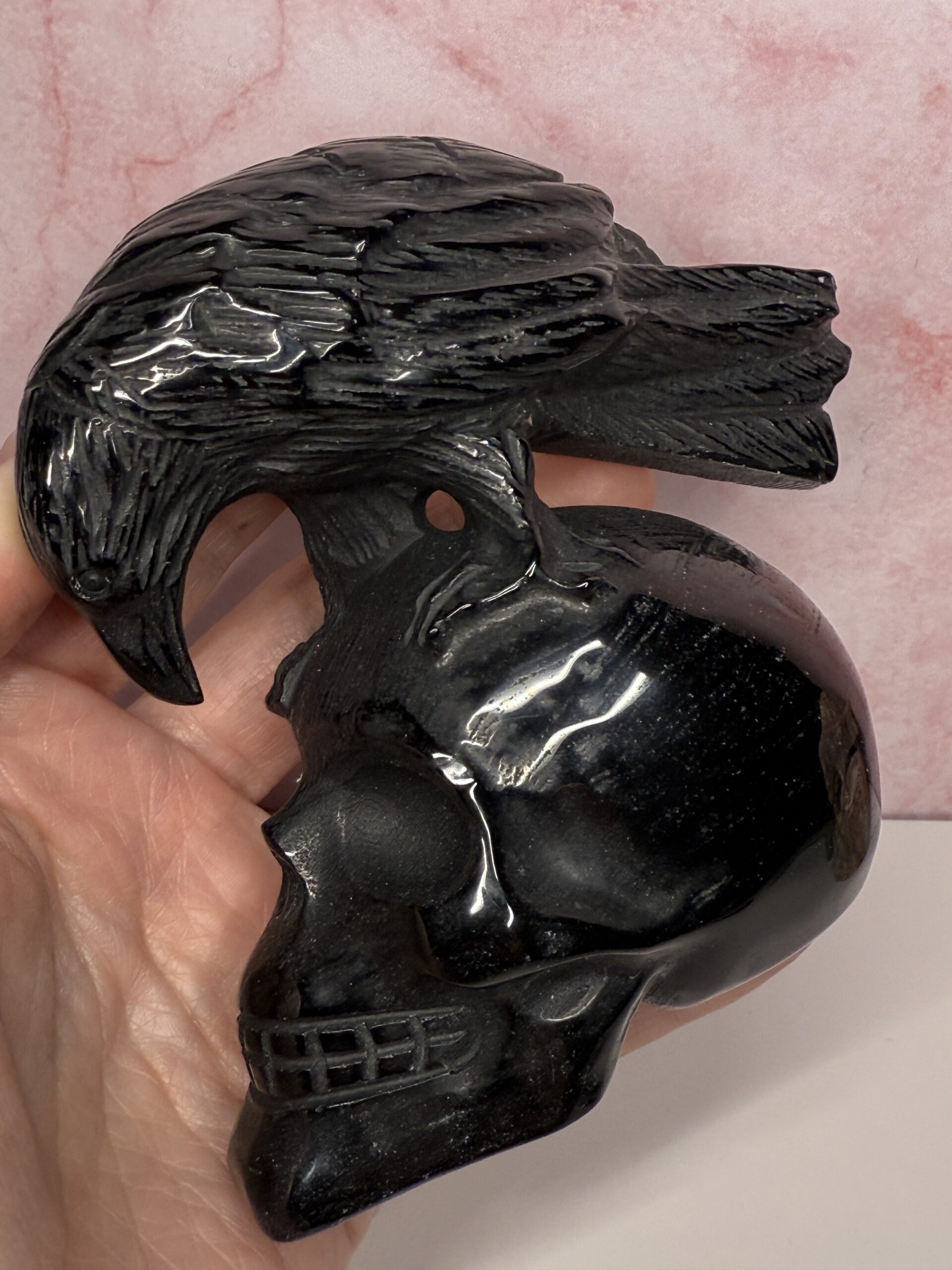 Black Obsidian Crow on Skull Carving - Image 5