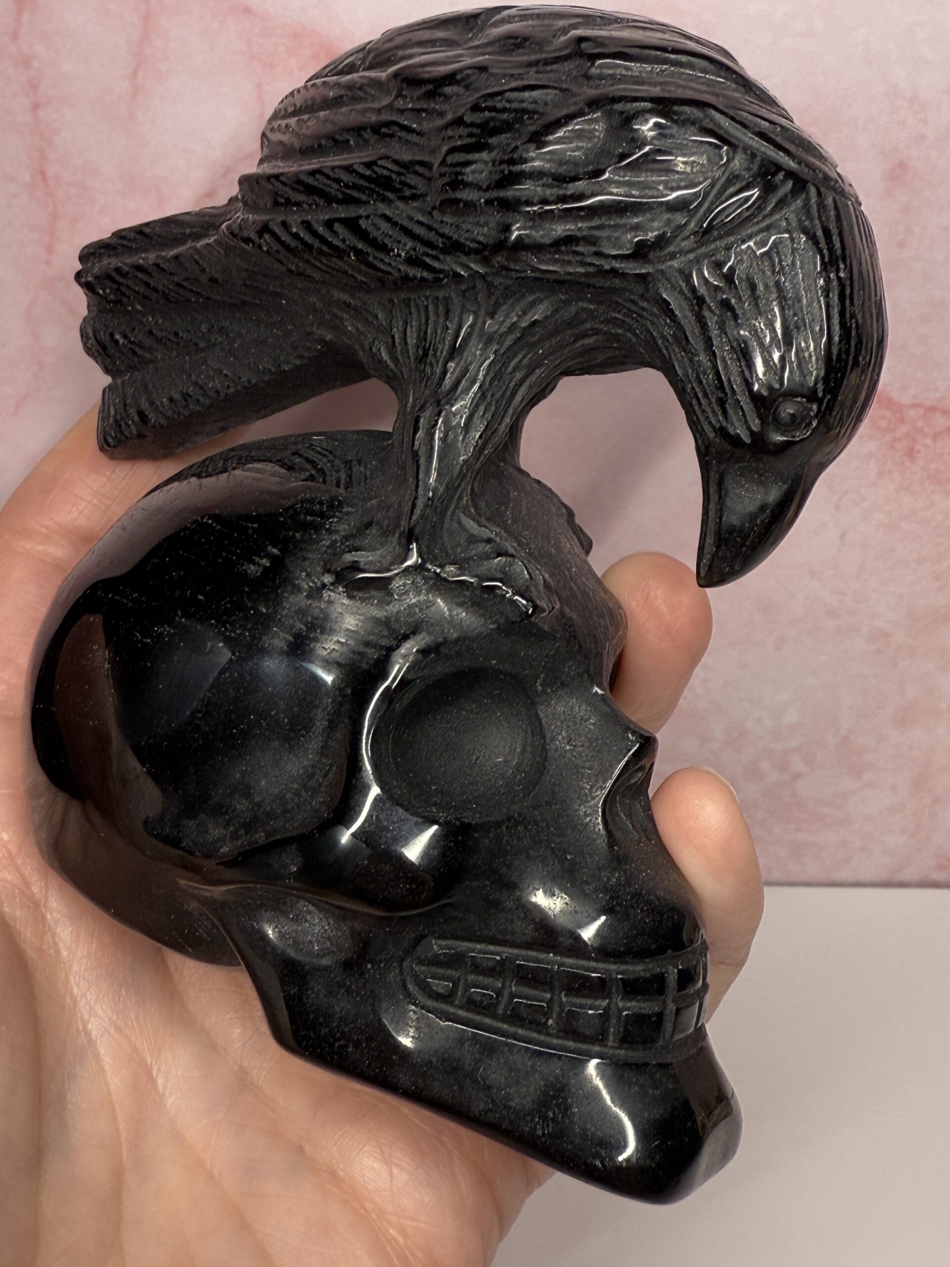 Black Obsidian Crow on Skull Carving - Image 8