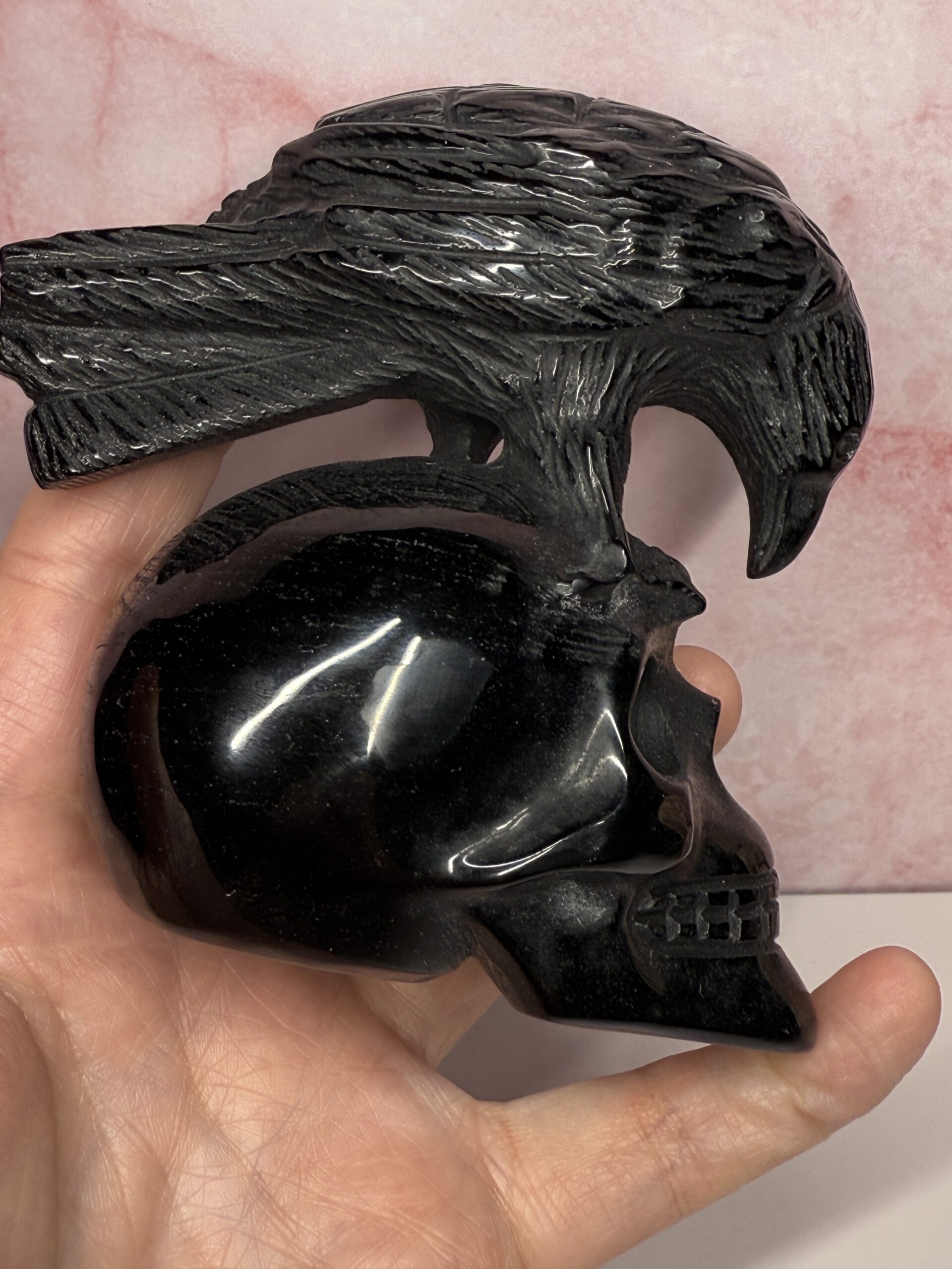 Black Obsidian Crow on Skull Carving - Image 7