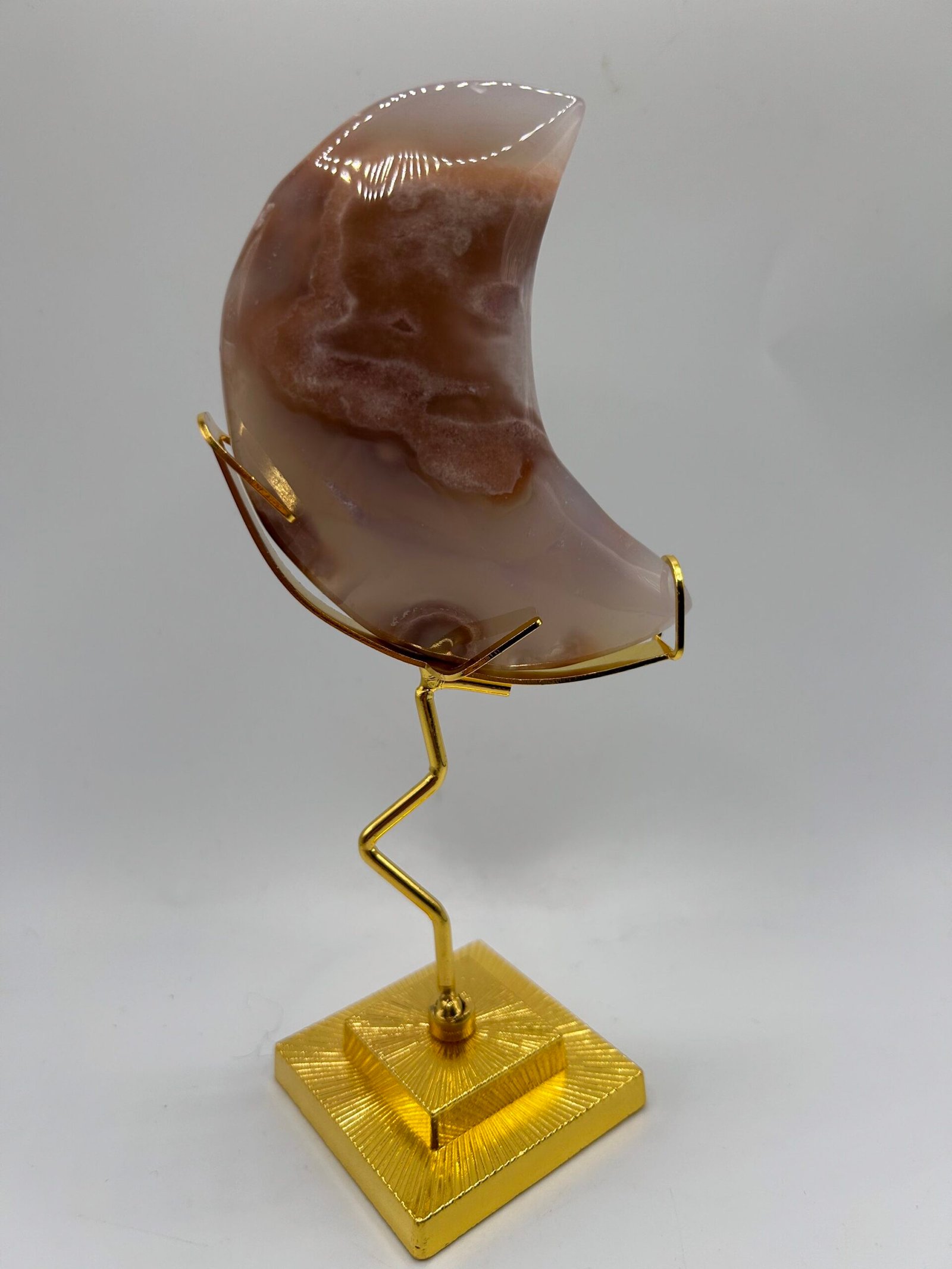 Flower Agate Crescent Moon on Stand