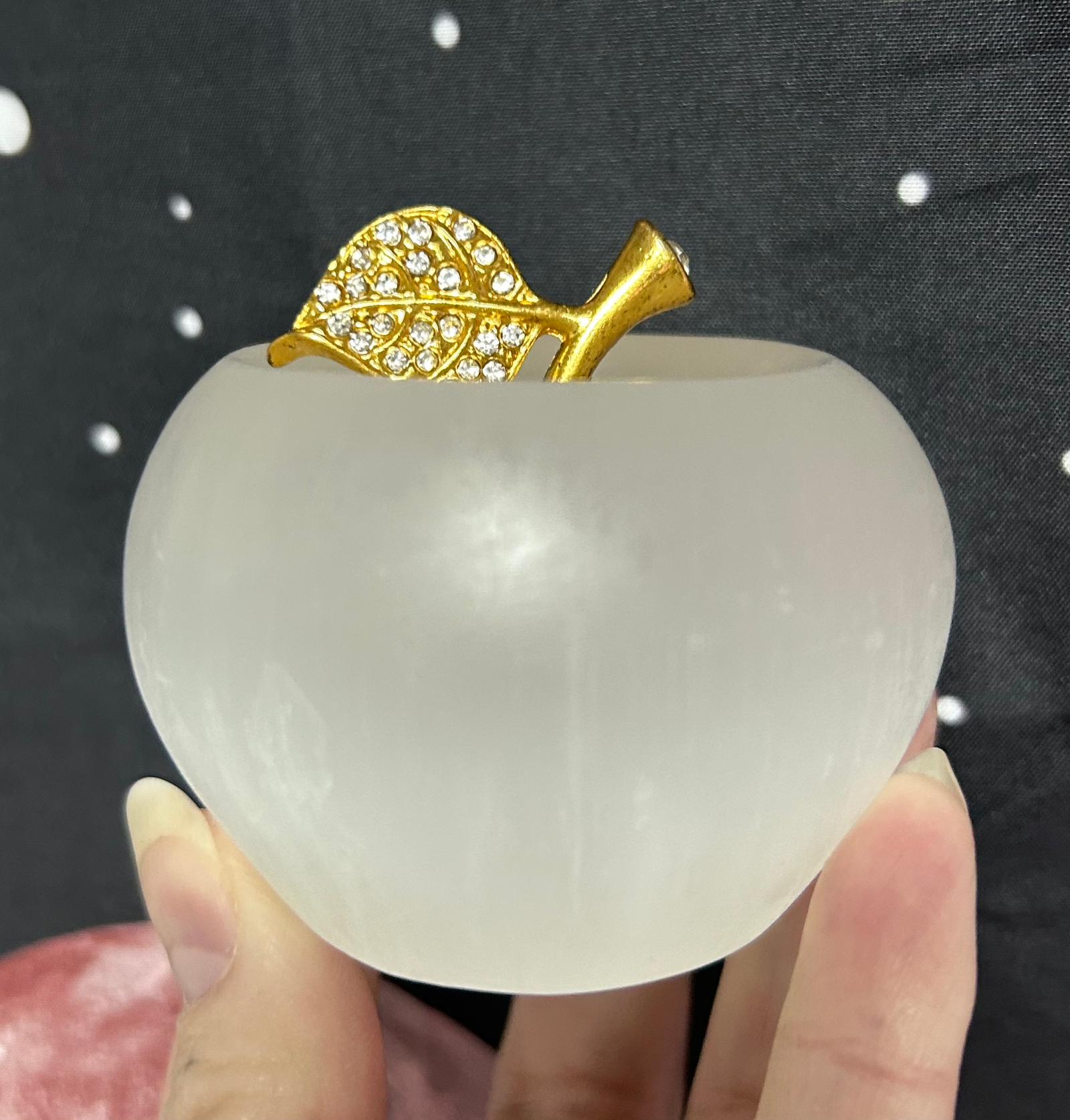 Satin Spar Selenite Apple Carving - Image 2