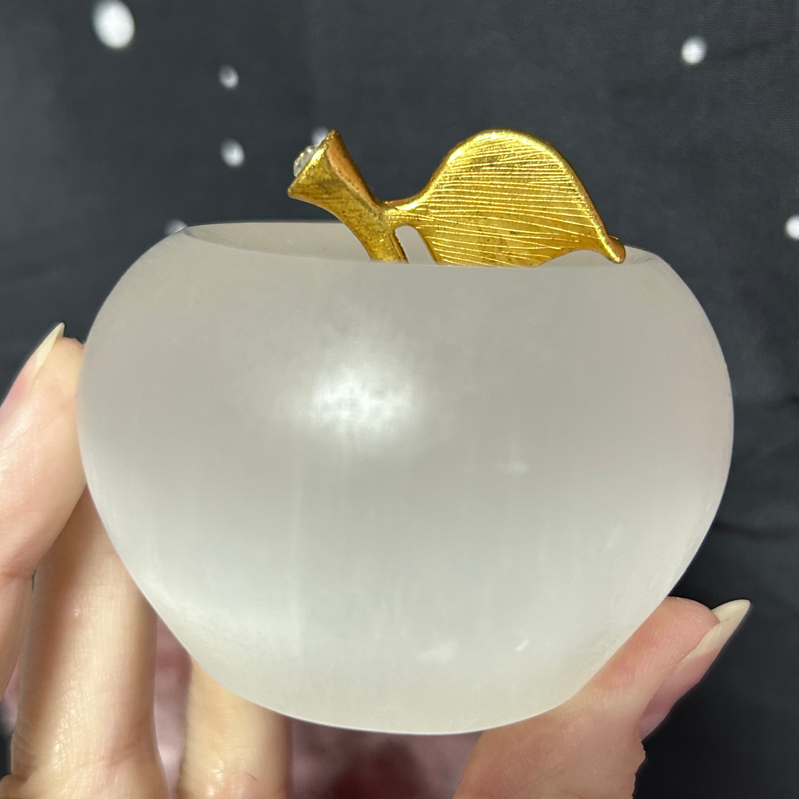 Satin Spar Selenite Apple Carving - Image 3