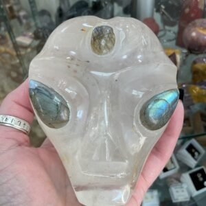 Clear Quartz Alien Head with Labradorite Eyes Carving