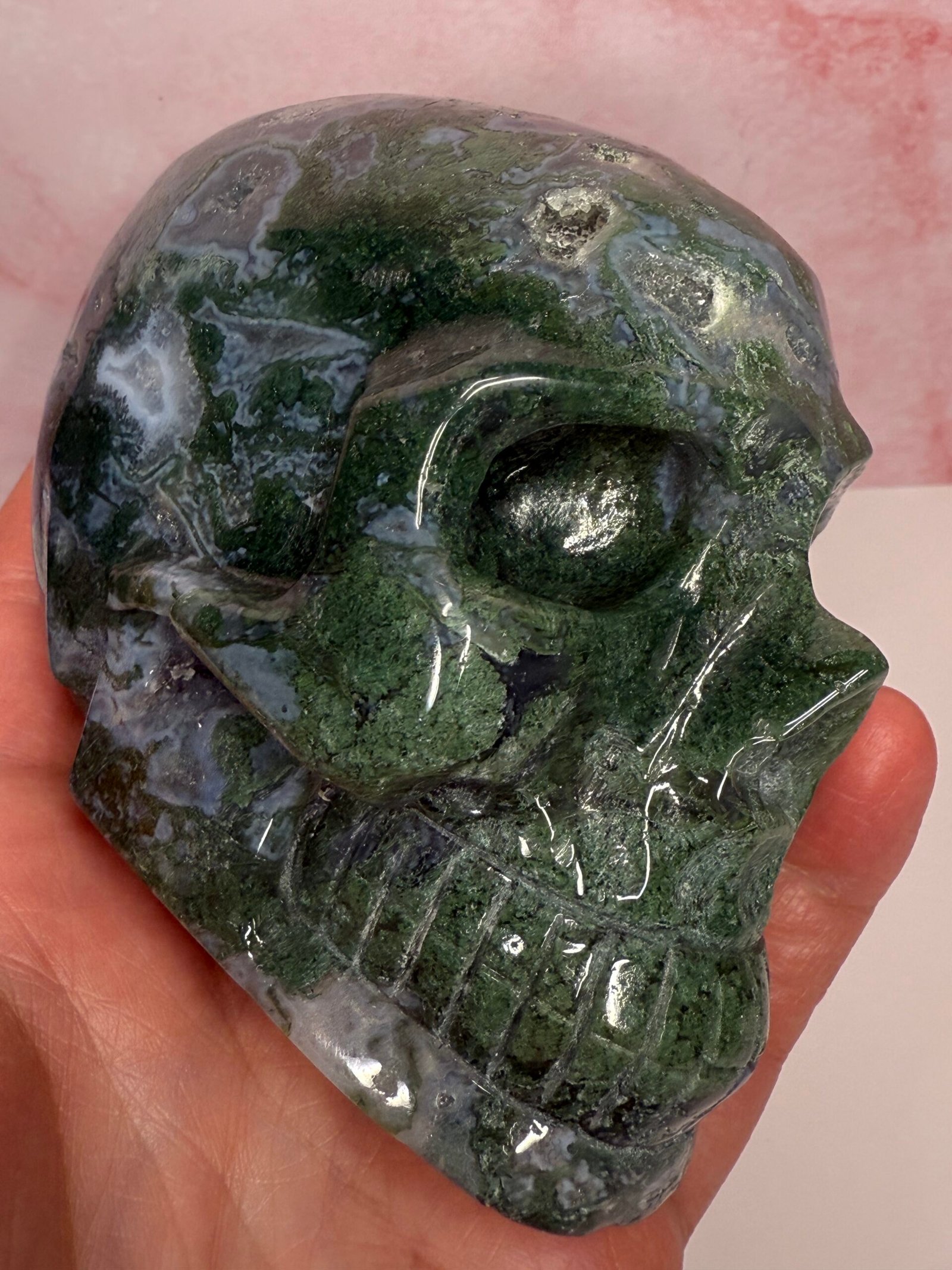 Moss Agate Skull Carving