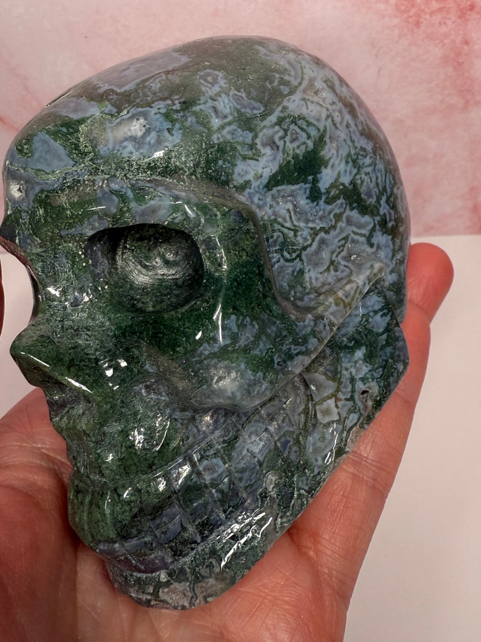 Moss Agate Skull Carving - Image 6