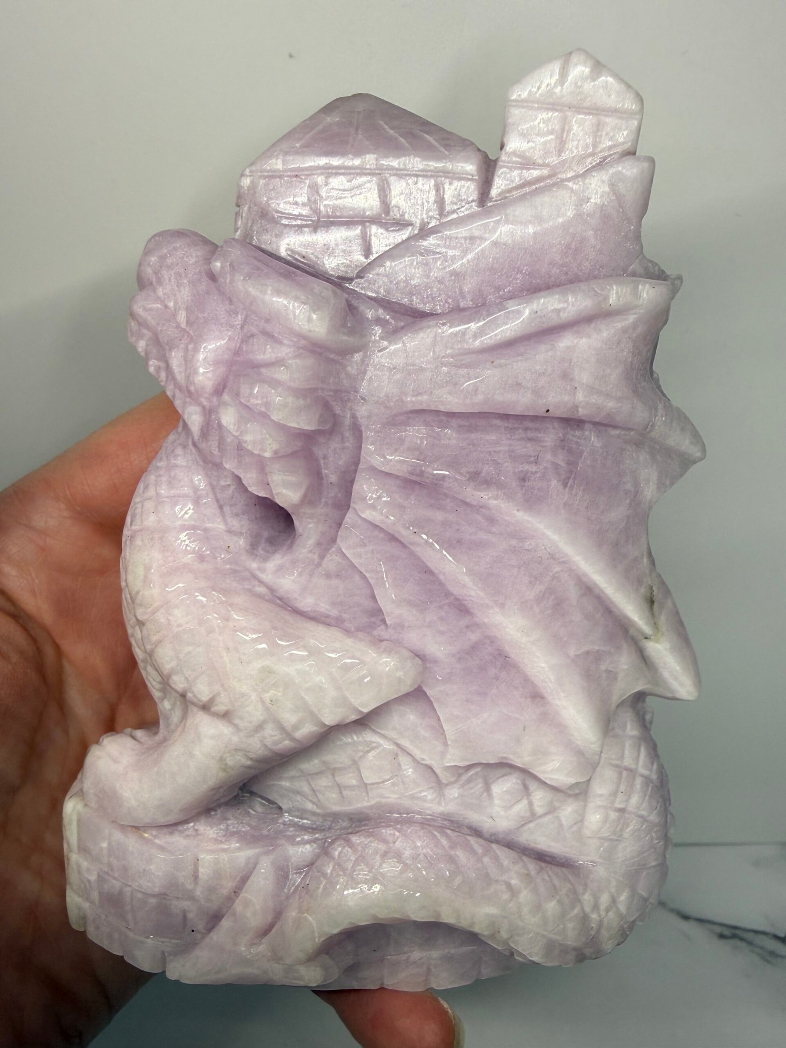 Kunzite Dragon on Castle Carving
