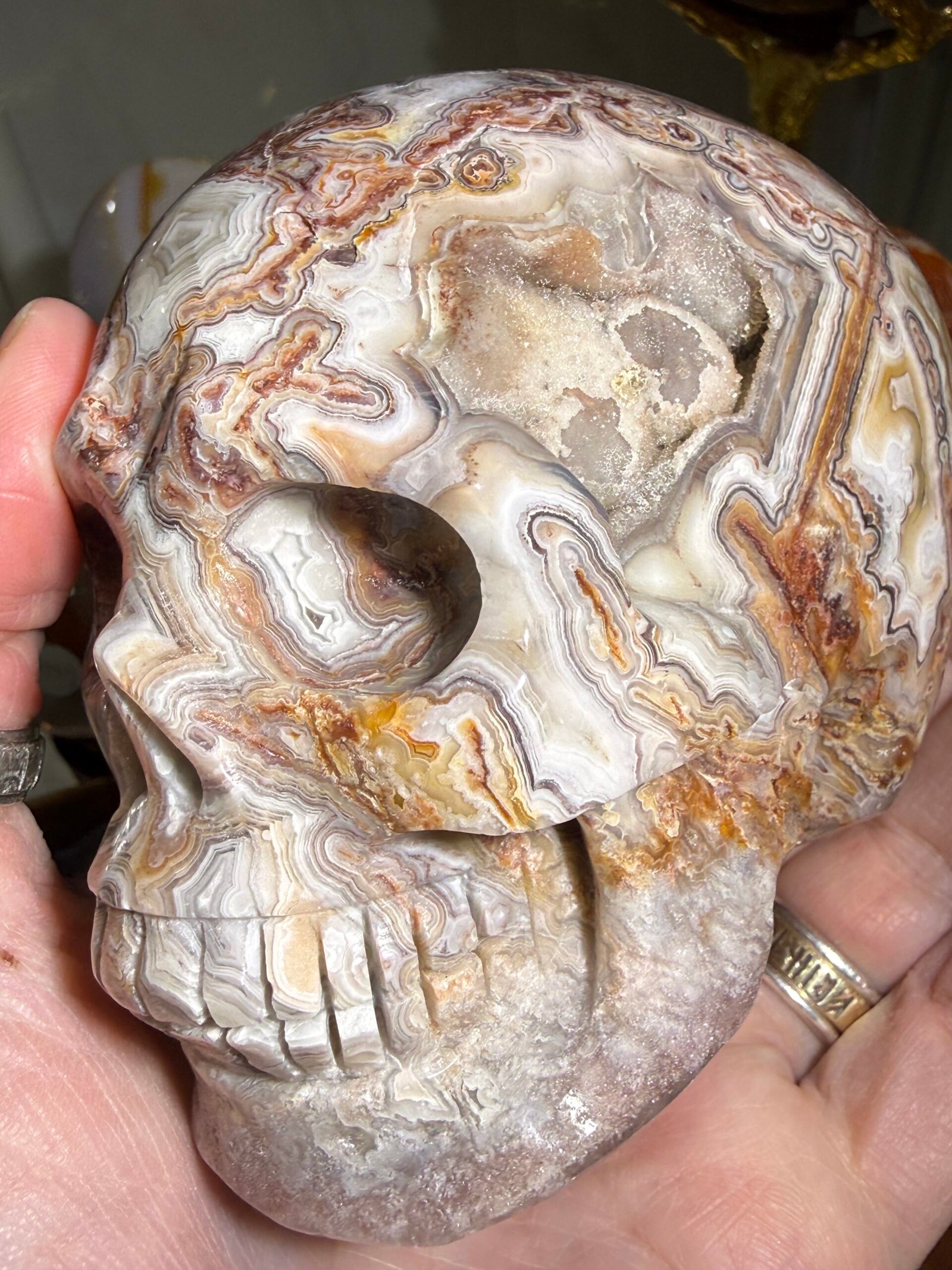 Crazy Lace Agate Skull Carving - Image 5