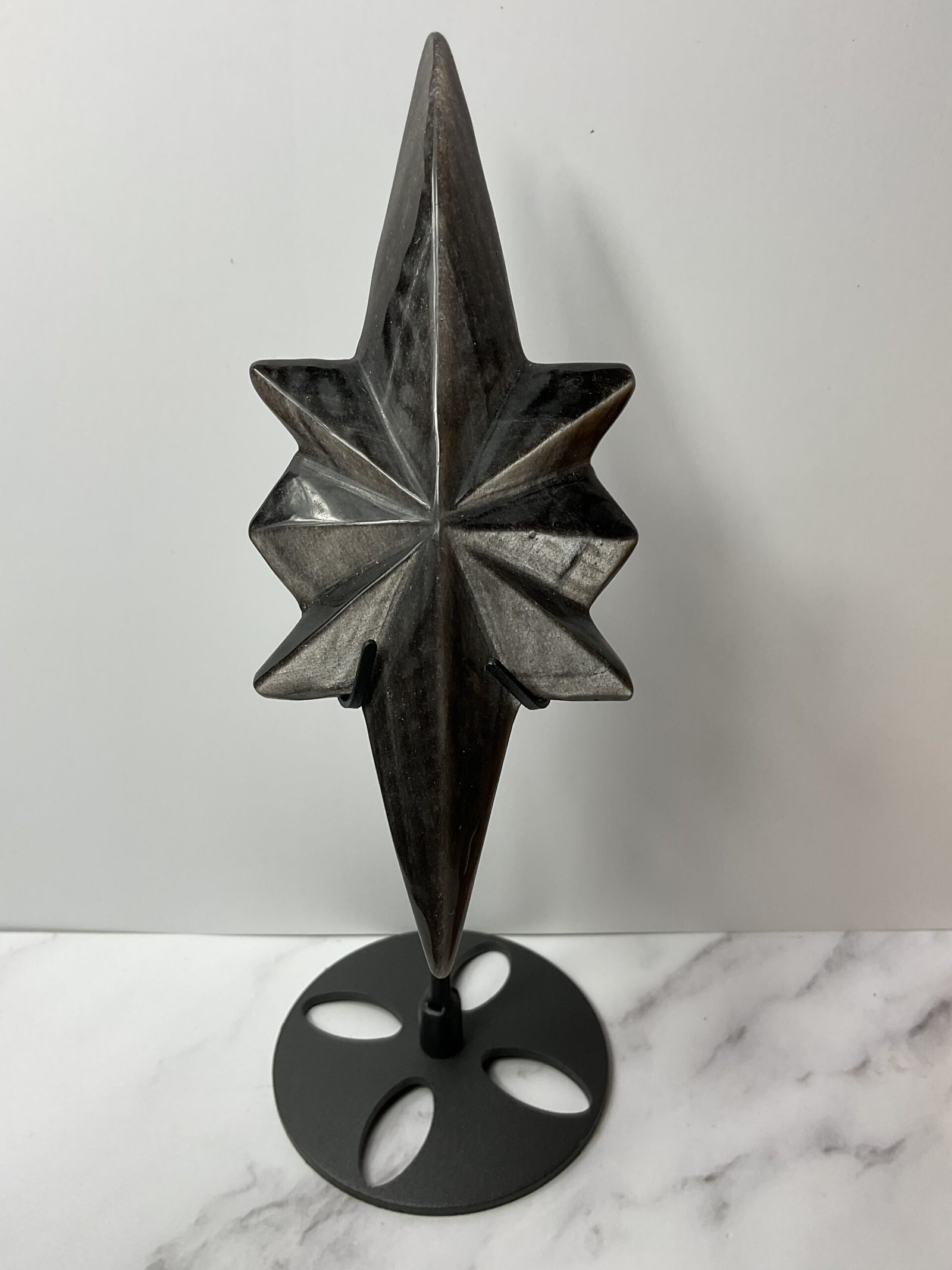 Silver Sheen Obsidian North Star Carving on Stand