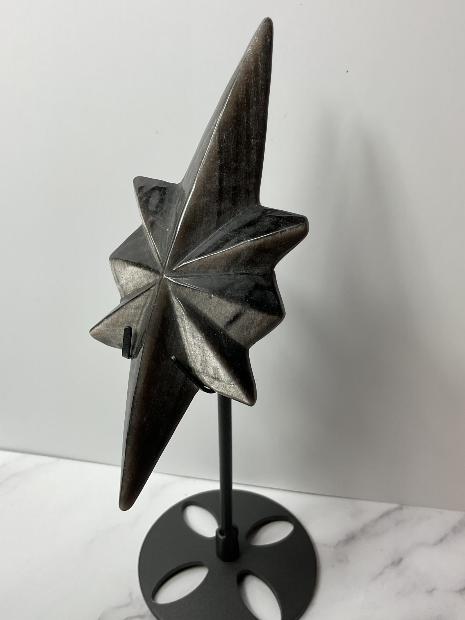 Silver Sheen Obsidian North Star Carving on Stand - Image 3