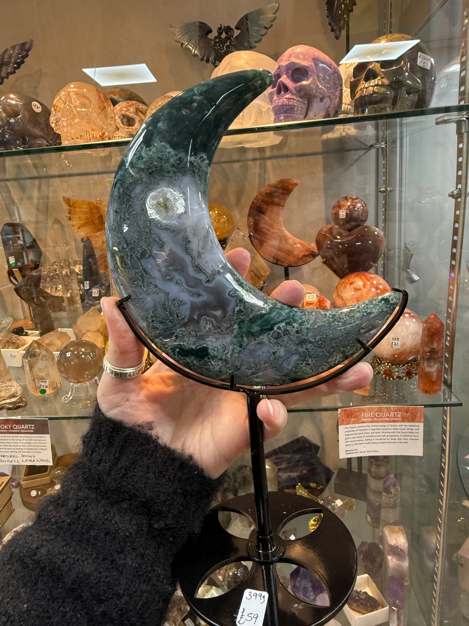 Moss Agate Moon on Custom Stand