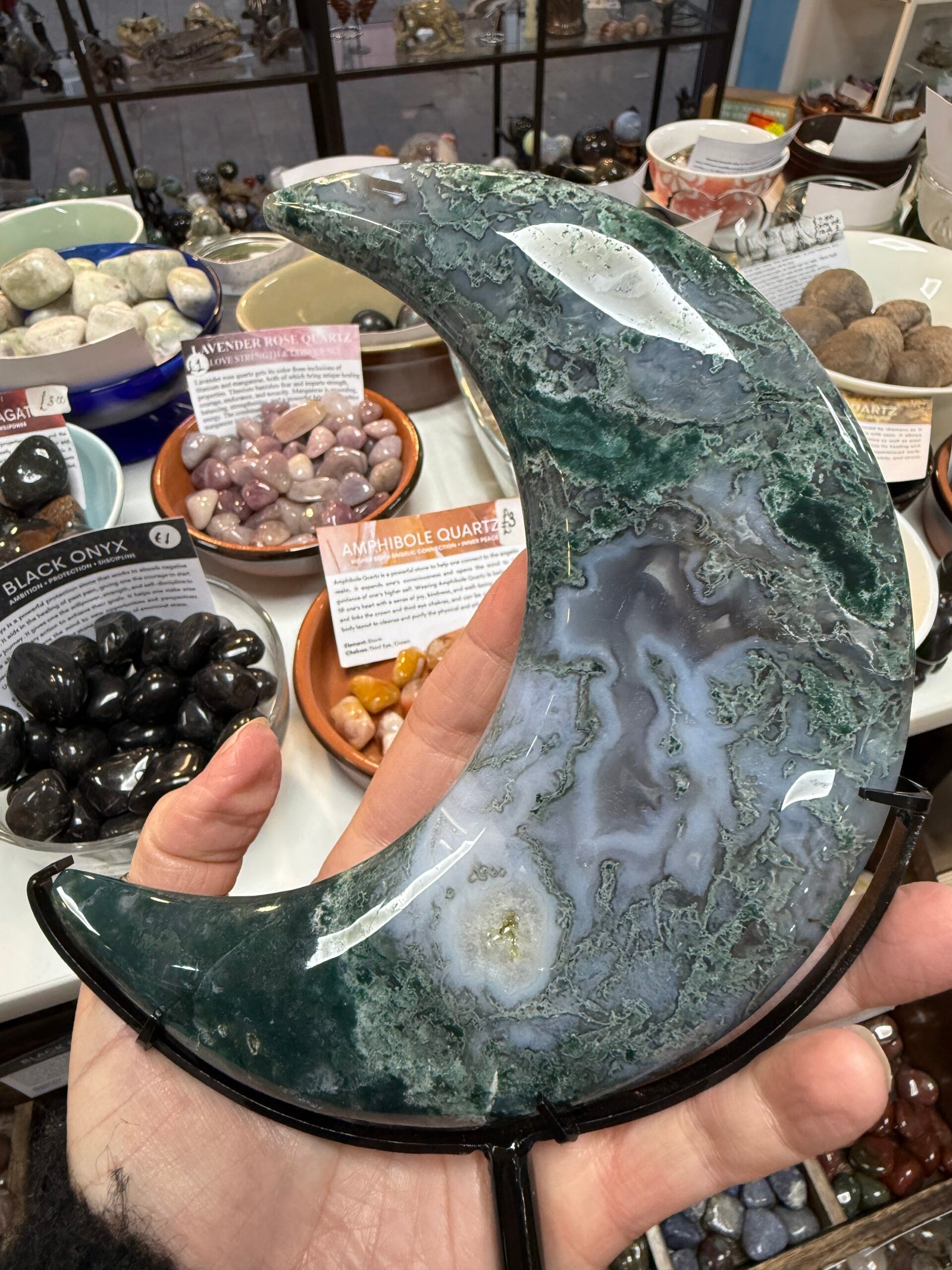 Moss Agate Moon on Custom Stand - Image 3