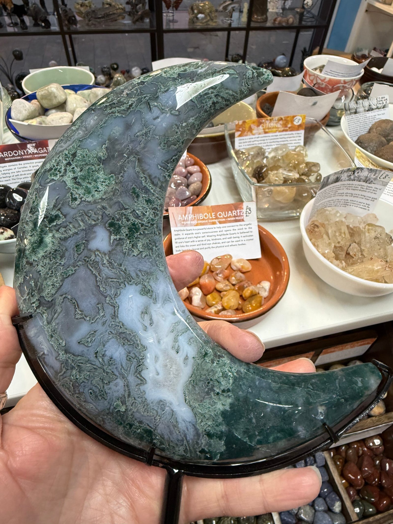 Moss Agate Moon on Custom Stand - Image 2