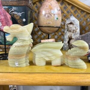 Green Banded Calcite 3 part Dragon Carving