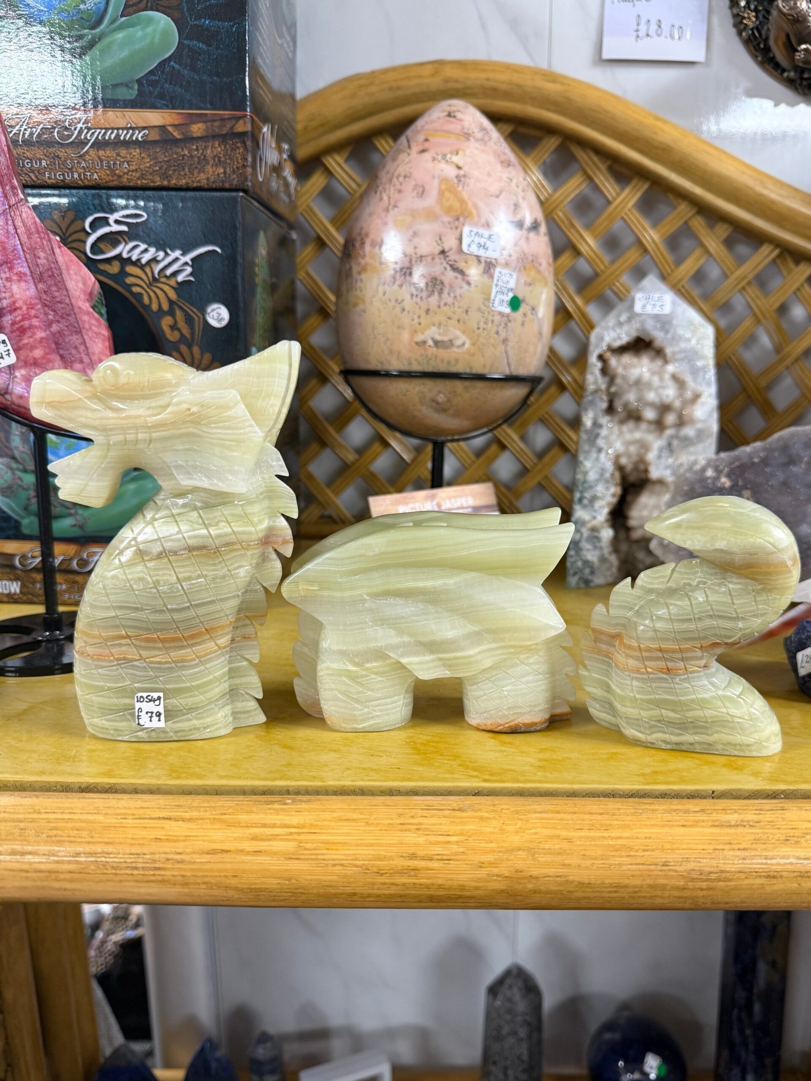 Green Banded Calcite 3 part Dragon Carving