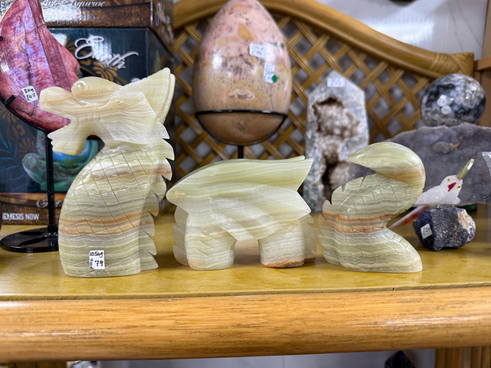 Green Banded Calcite 3 part Dragon Carving - Image 3