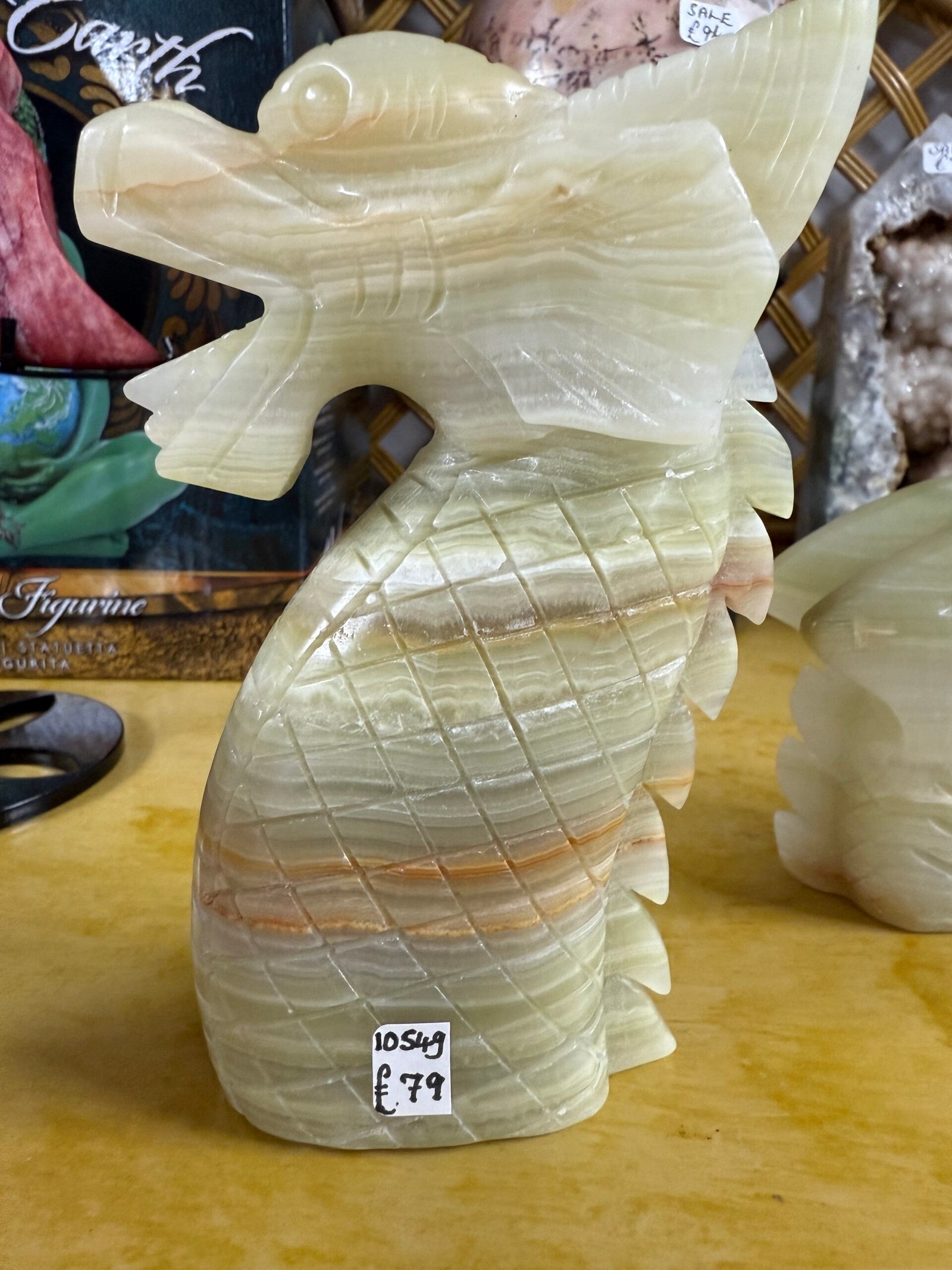 Green Banded Calcite 3 part Dragon Carving - Image 5