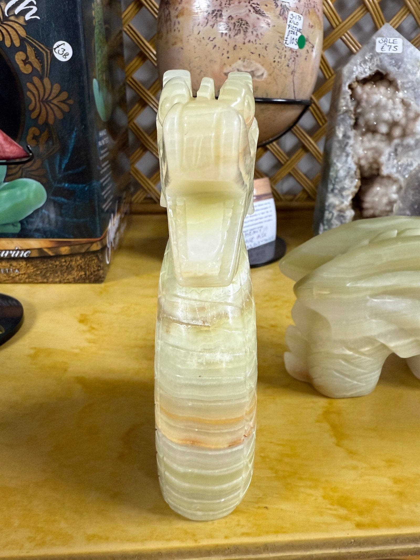 Green Banded Calcite 3 part Dragon Carving - Image 6