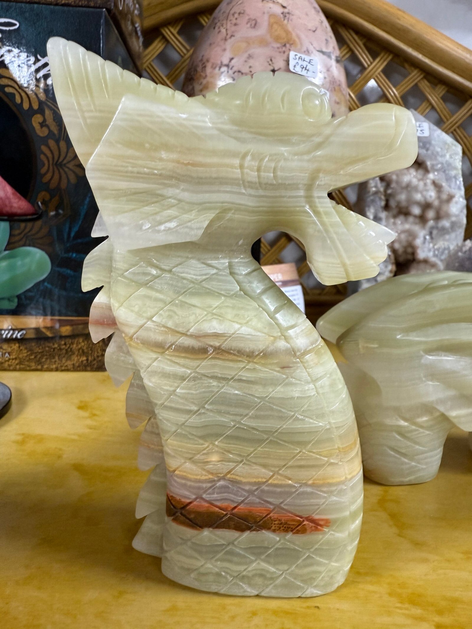 Green Banded Calcite 3 part Dragon Carving - Image 7