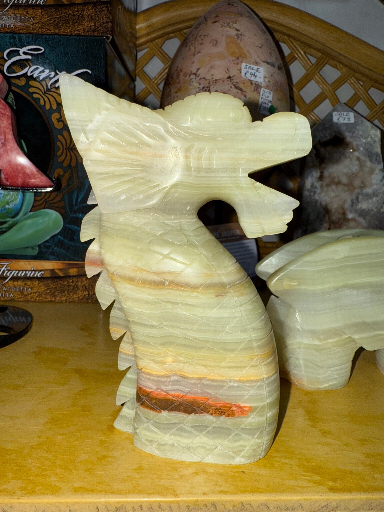 Green Banded Calcite 3 part Dragon Carving - Image 8