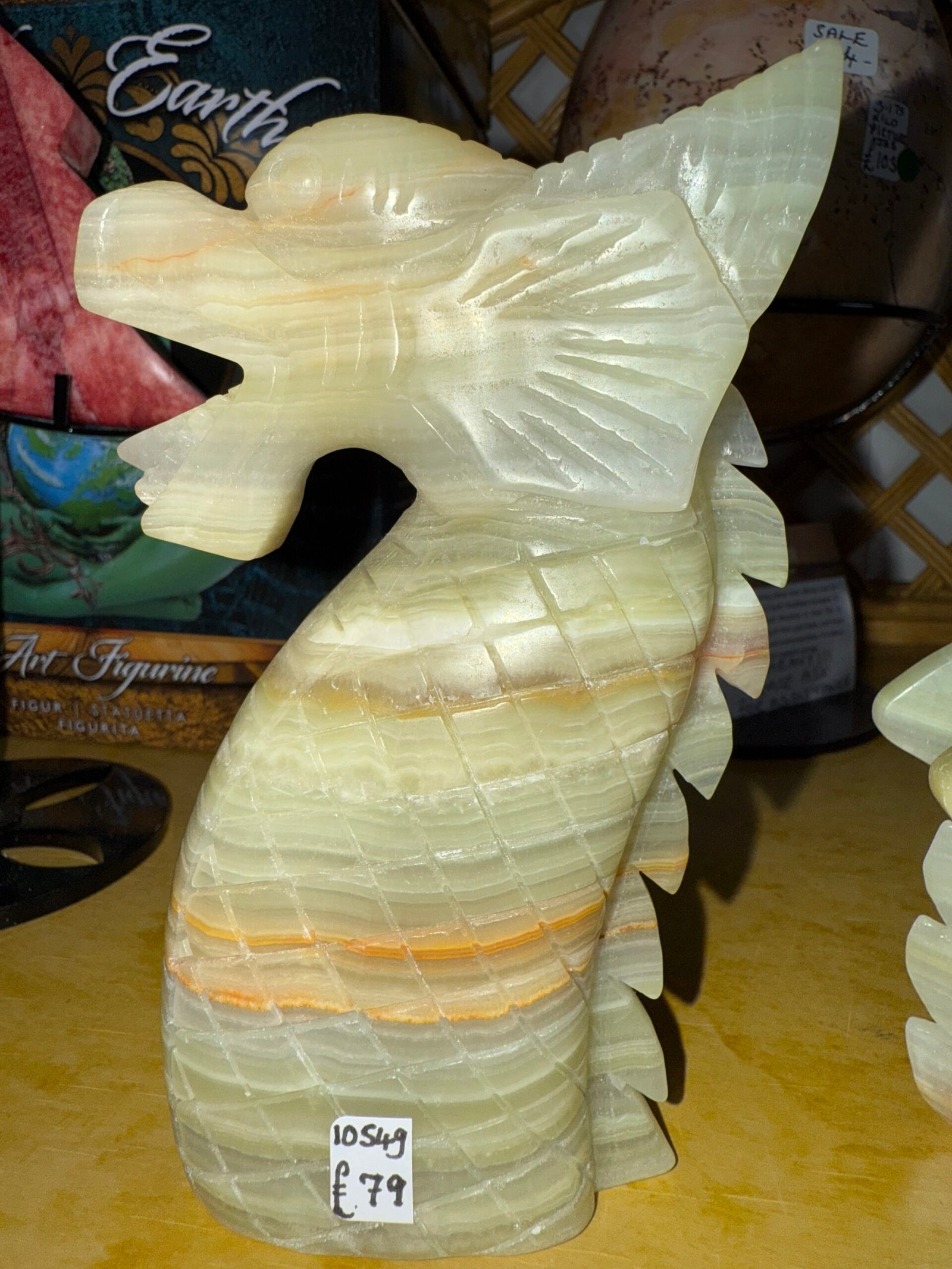 Green Banded Calcite 3 part Dragon Carving - Image 9