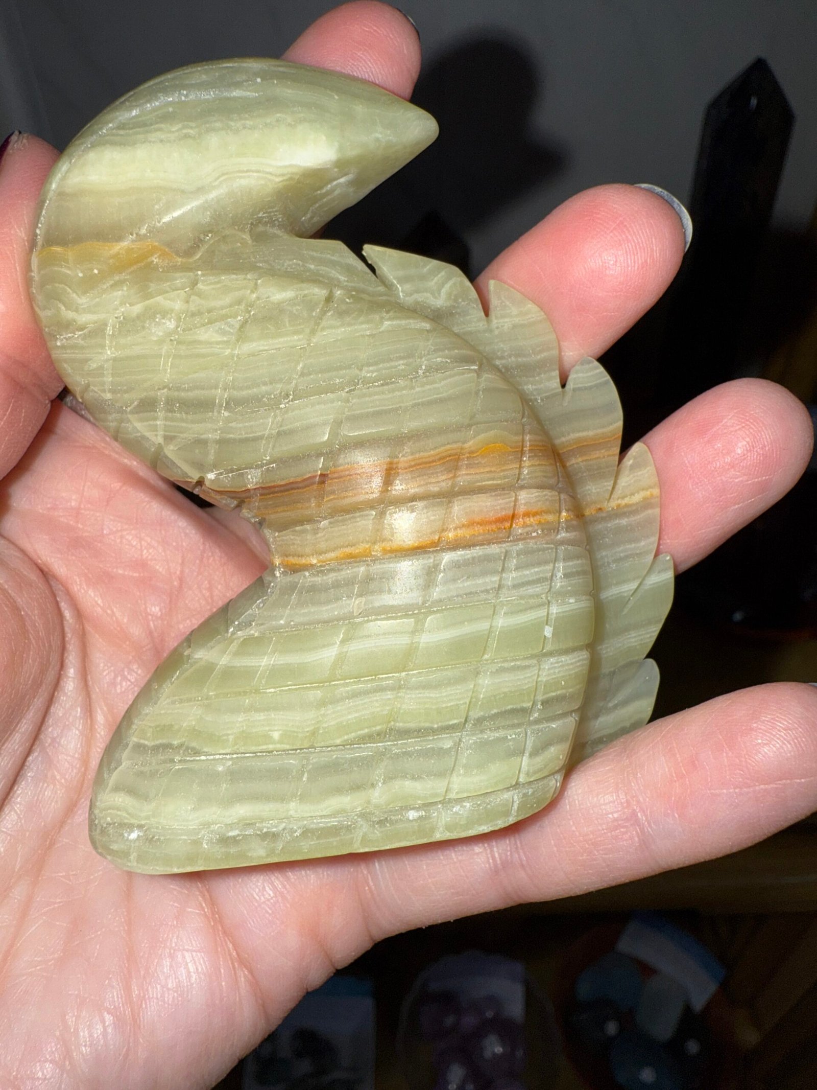 Green Banded Calcite 3 part Dragon Carving - Image 10