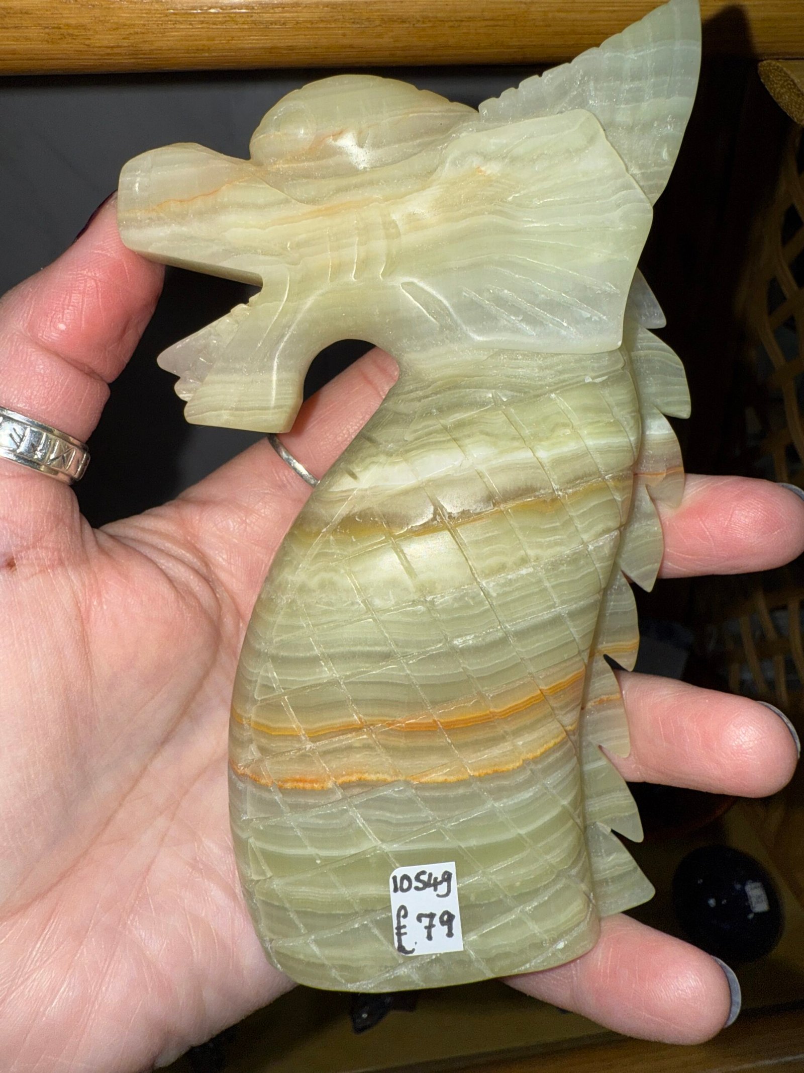 Green Banded Calcite 3 part Dragon Carving - Image 11