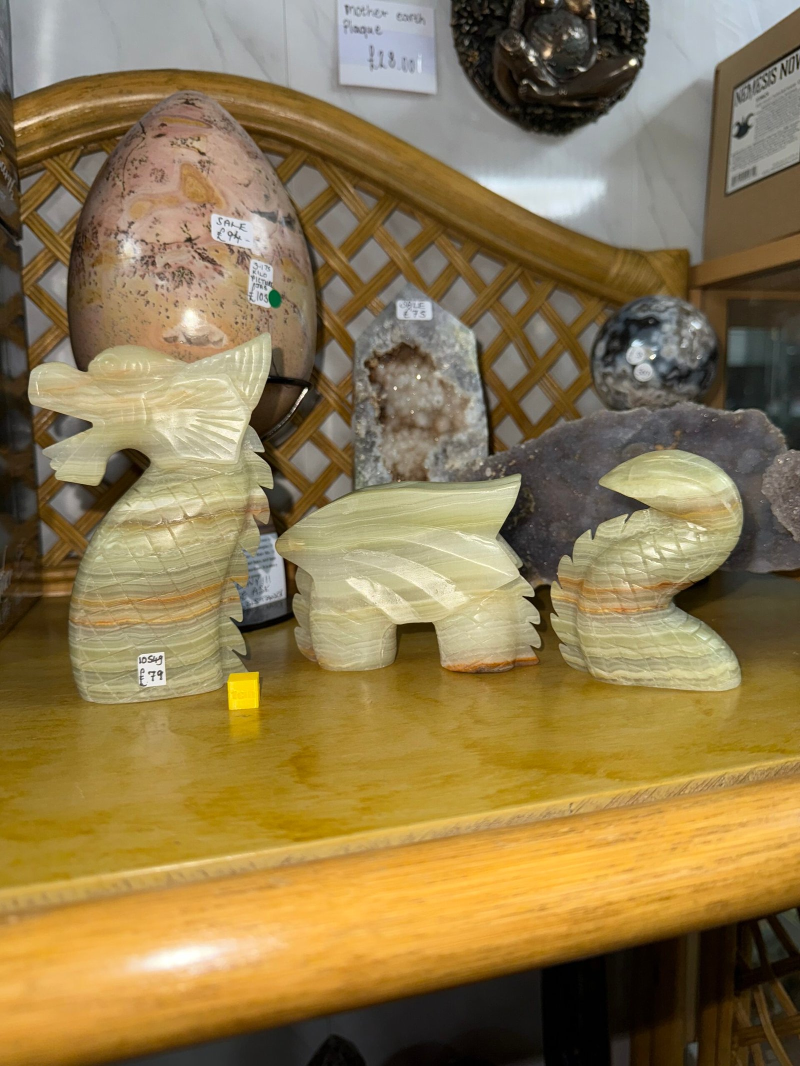 Green Banded Calcite 3 part Dragon Carving - Image 12