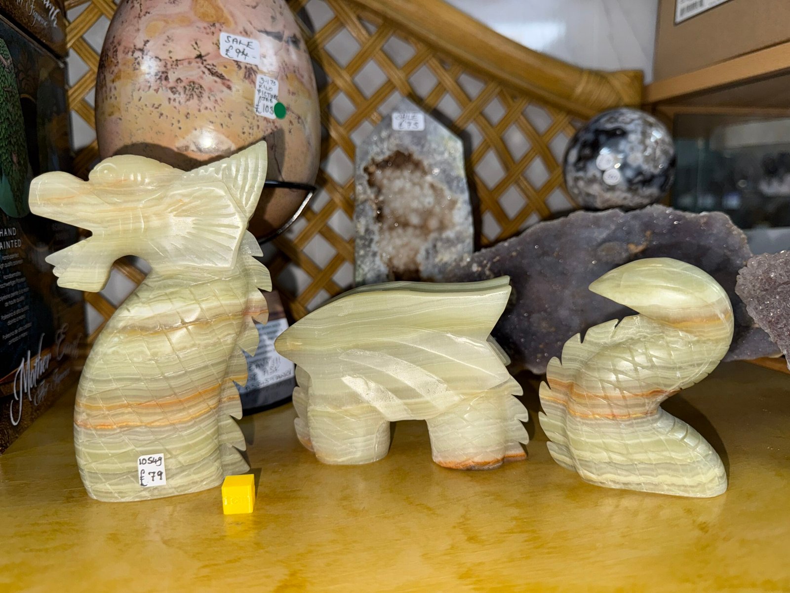 Green Banded Calcite 3 part Dragon Carving - Image 13