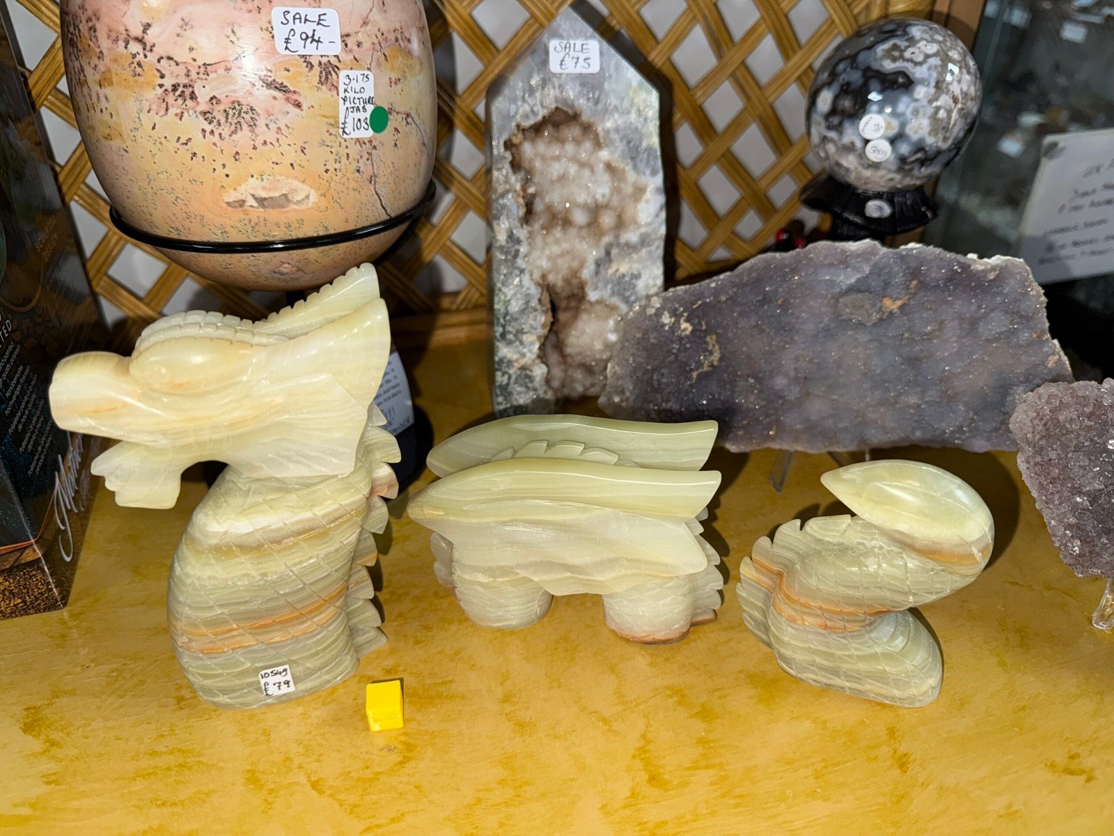 Green Banded Calcite 3 part Dragon Carving - Image 14