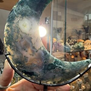 Moss Agate Moon on Stand