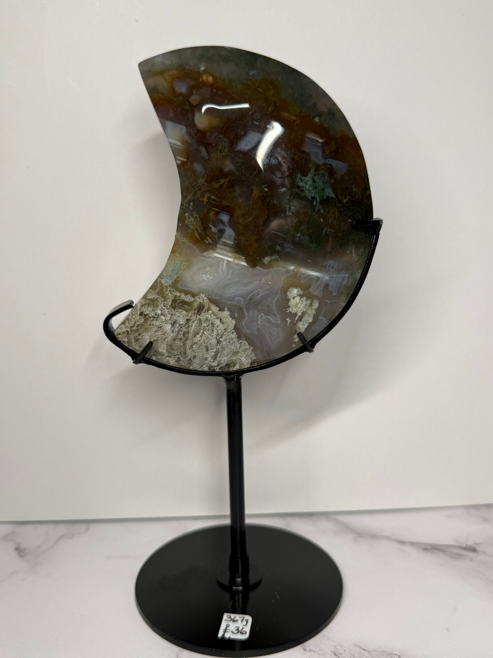 Moss Agate Moon on Custom Stand