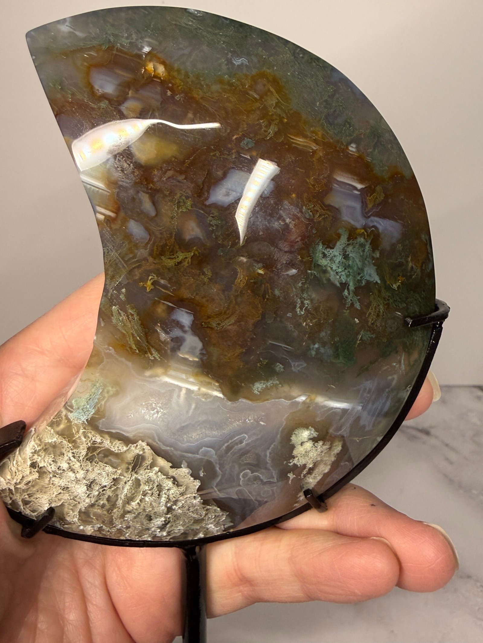Moss Agate Moon on Custom Stand - Image 6