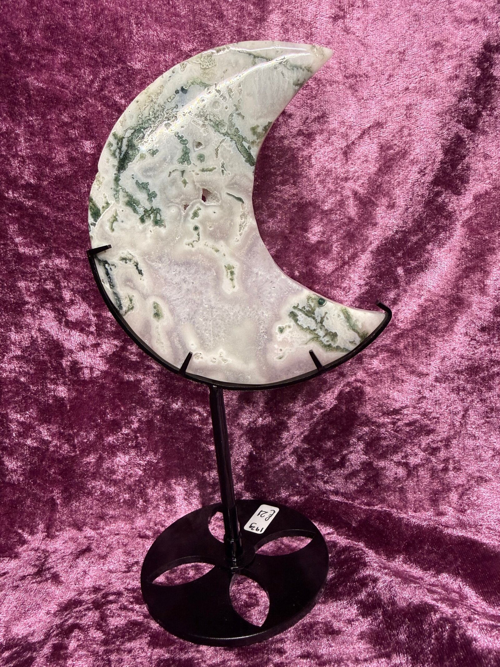 Moss Agate Moon on Stand