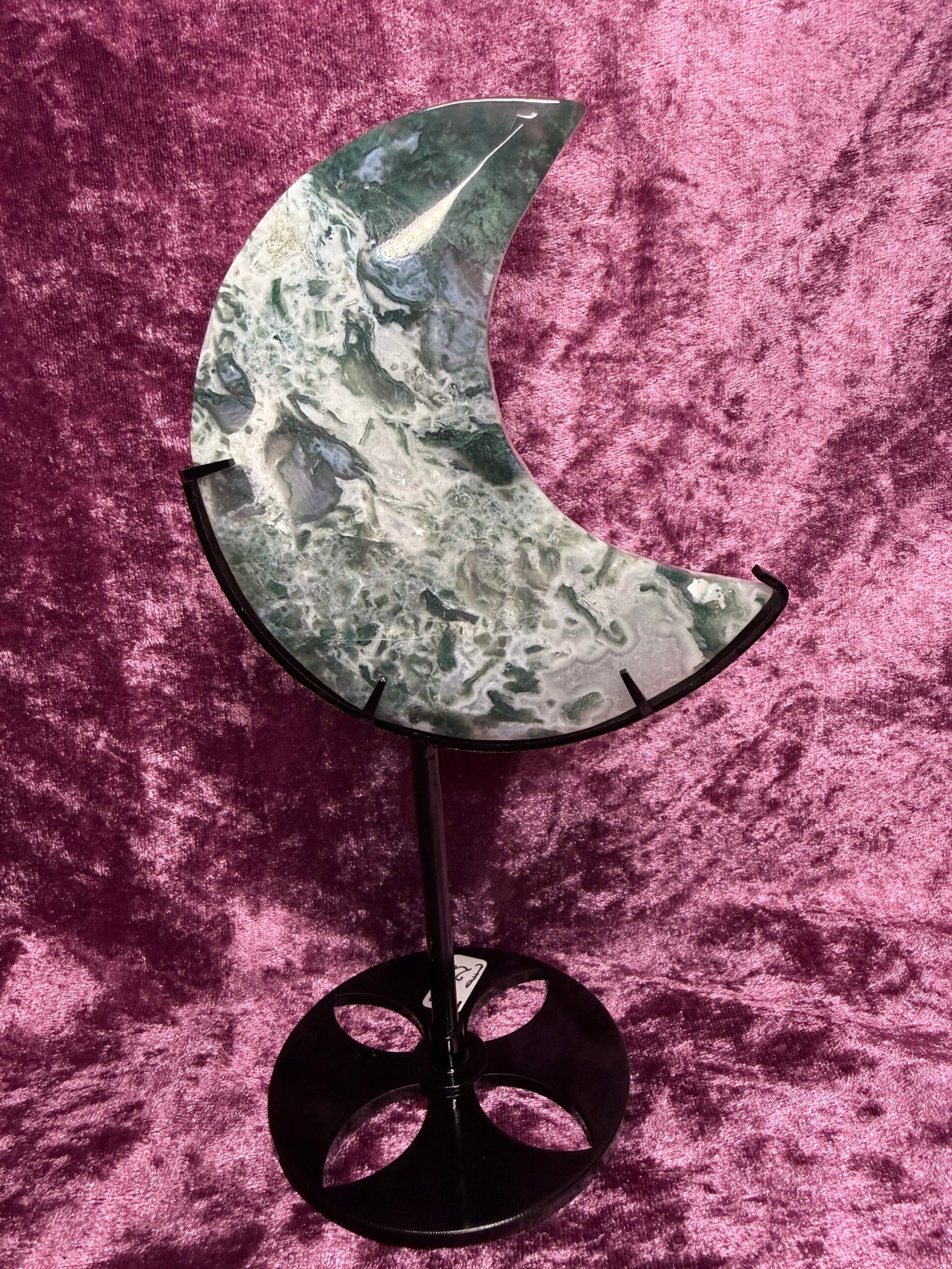 Moss Agate Moon on Stand
