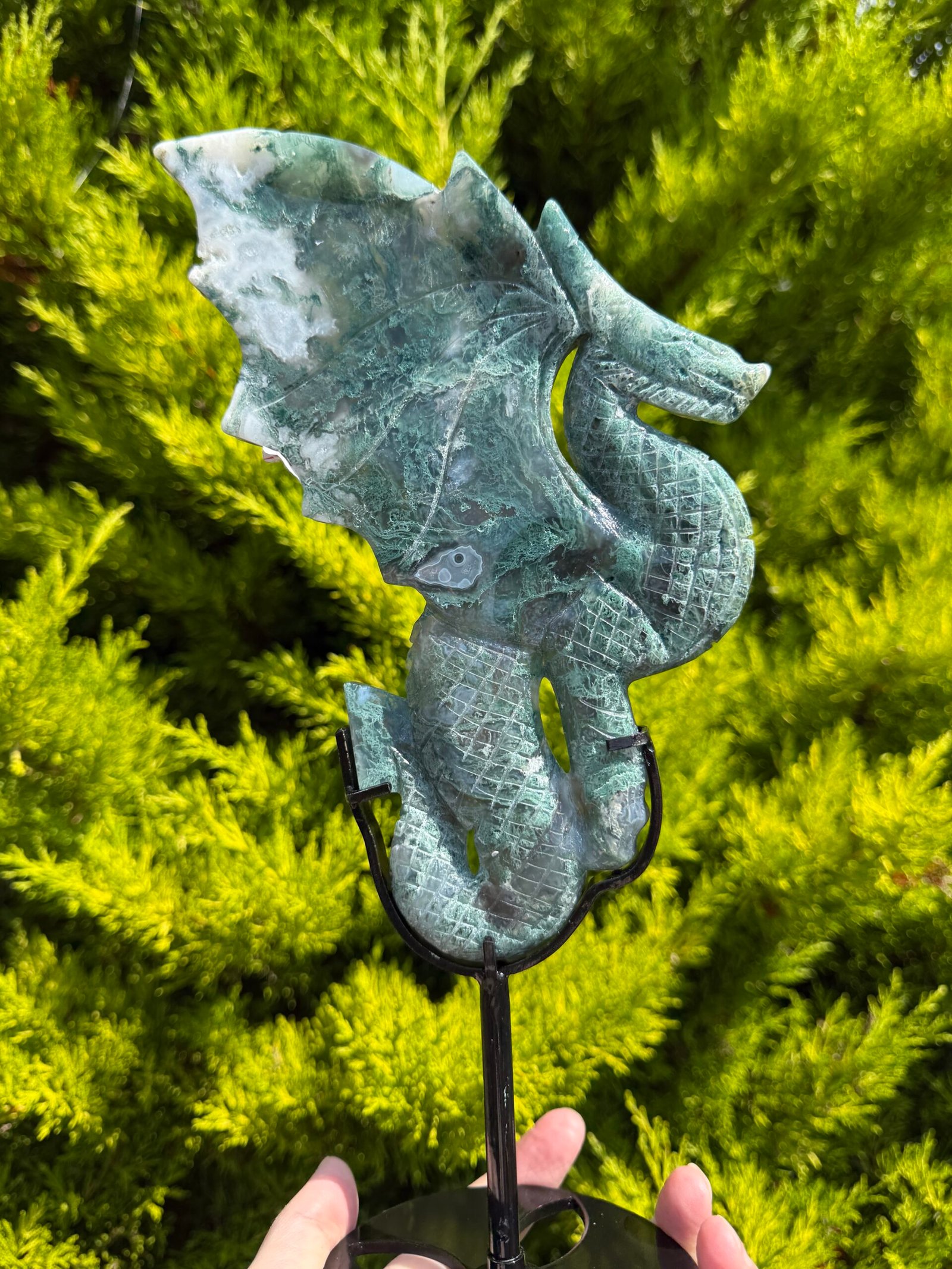 Moss Agate Dragon on Custom Stand