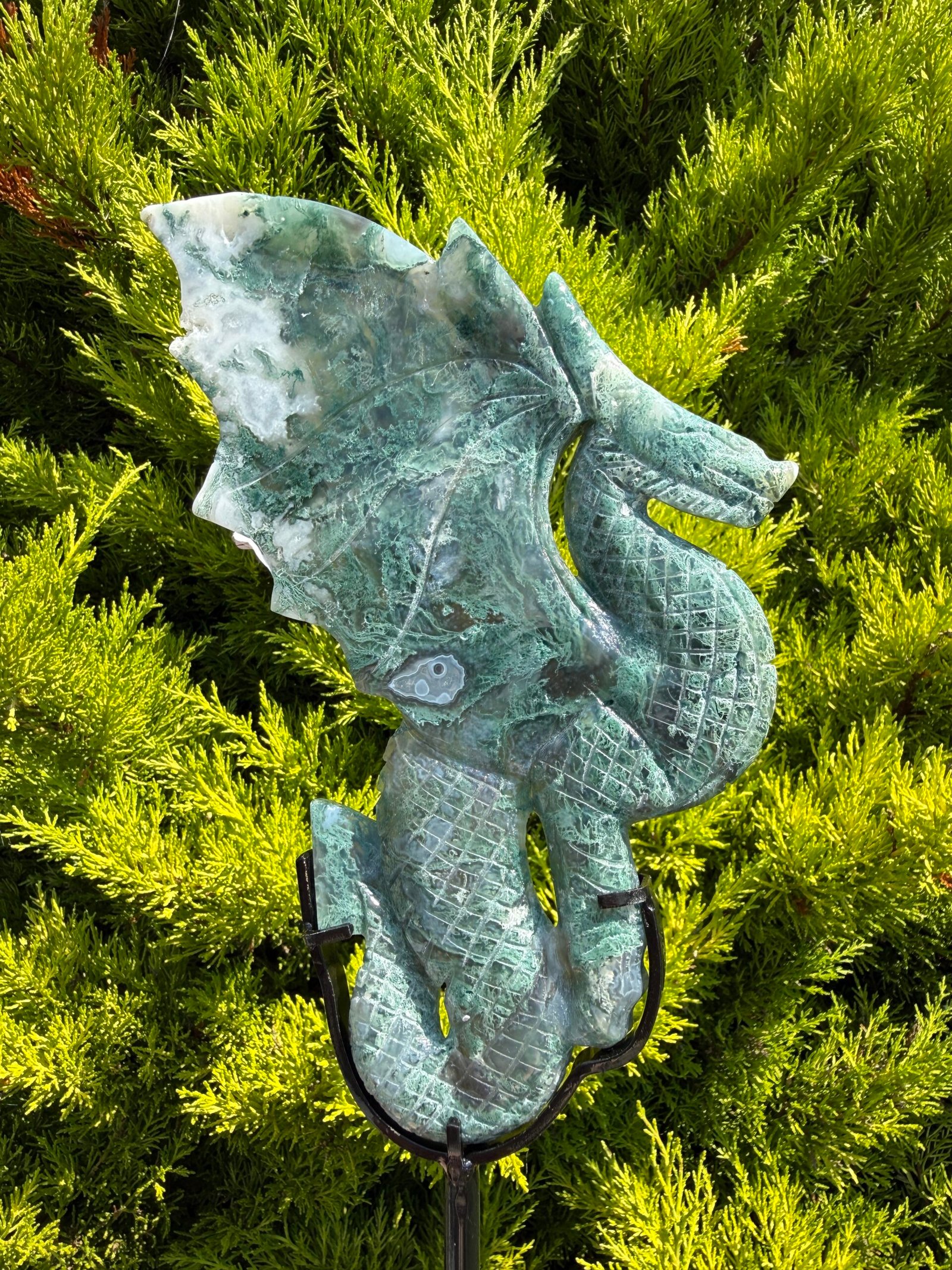 Moss Agate Dragon on Custom Stand - Image 3