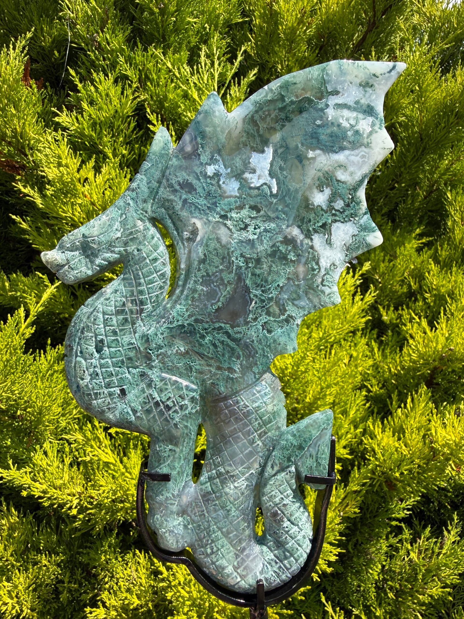 Moss Agate Dragon on Custom Stand - Image 4