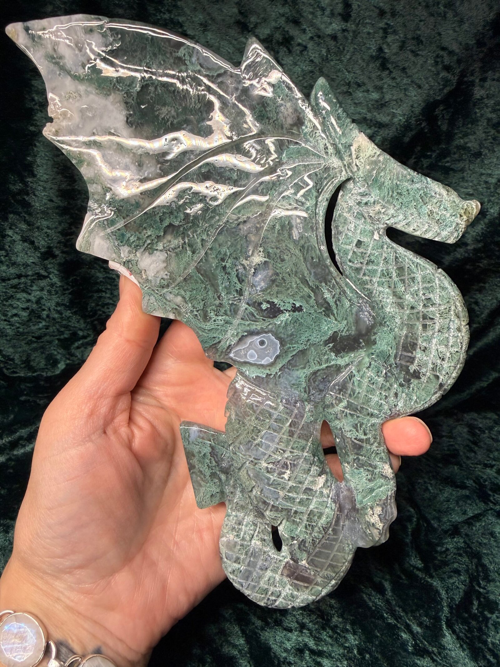 Moss Agate Dragon on Custom Stand - Image 6