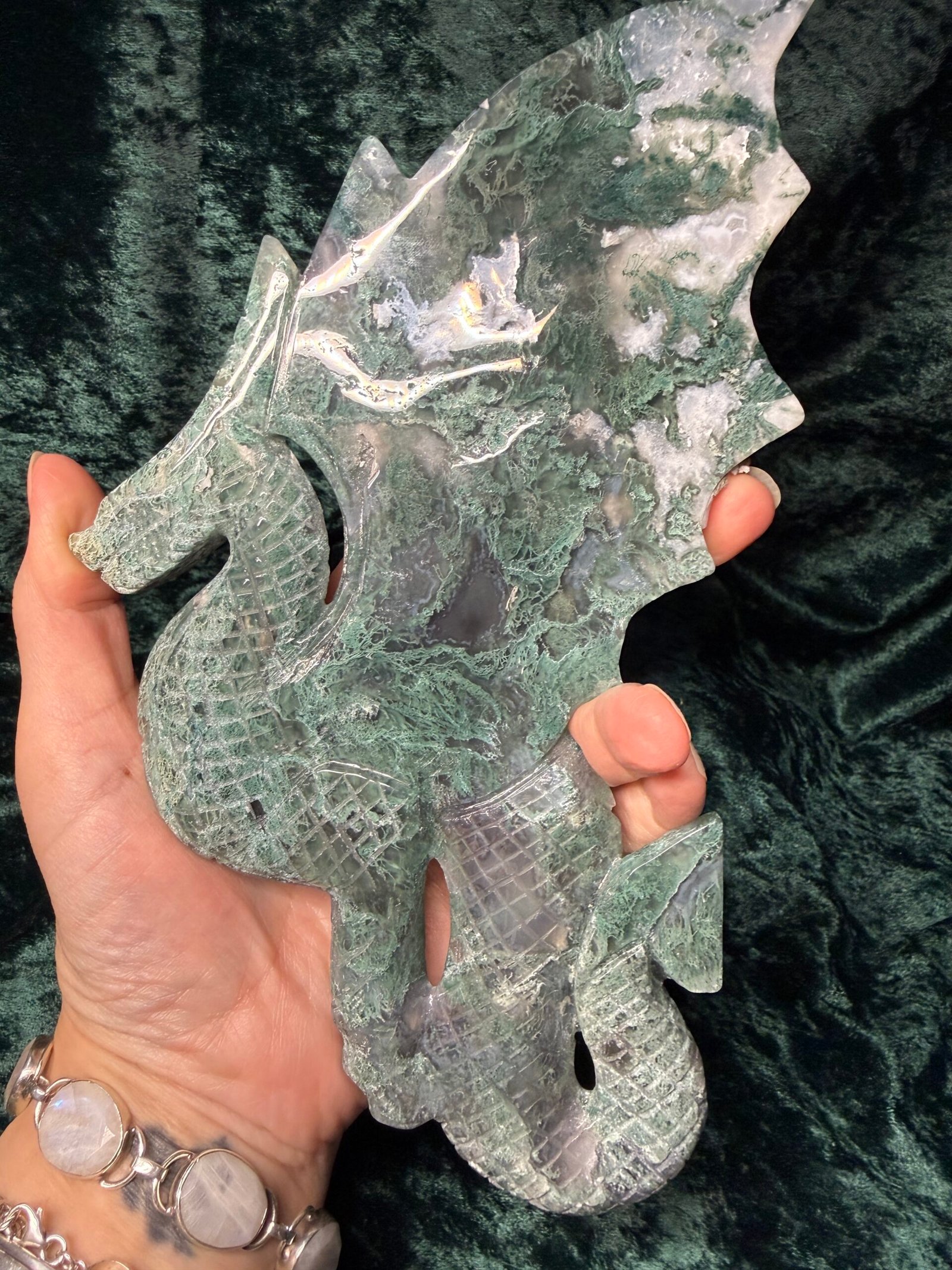 Moss Agate Dragon on Custom Stand - Image 8