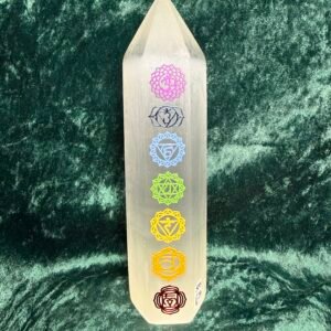 Satin Spar Tower with Chakra Engraving