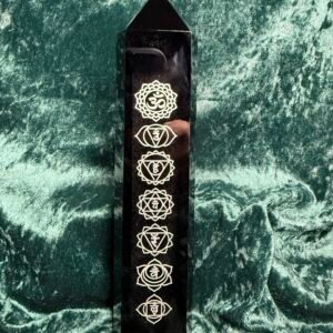Large Black Obsidian Tower with Chakra Engraving
