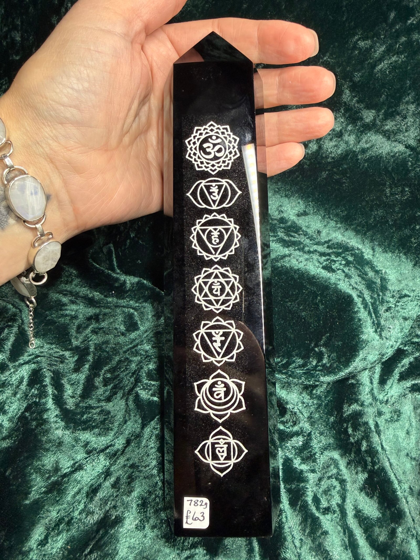 Large Black Obsidian Tower with Chakra Engraving - Image 5